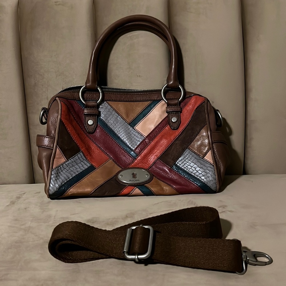 Like-new Fossil purse with multicolored leather and suede diagonal patchwork